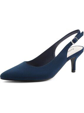 Women's Blue Leather Kitten Heels Pointed Toe Slingback Dress Pumps Shoes